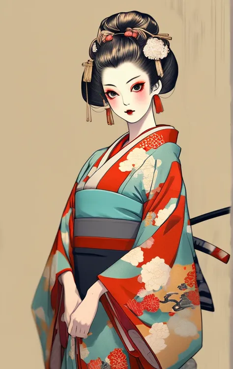    masterpiece ,  great quality,   top quality,   Hi-Res, 4K, 8k, 超  Hi-Res, Oiran,kimono
 Ukiyo-e painting style , Showa era Japan 、 1 girl,  miniskirt、  stylish ,   beautiful girl,