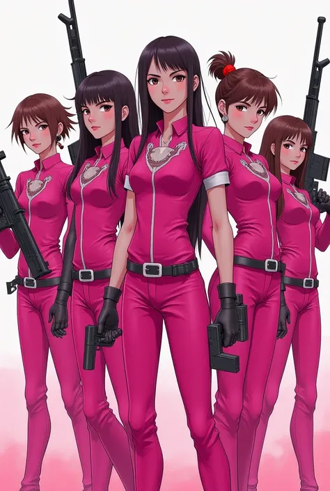 Group of girls with weapons looking head-on dressed in pink