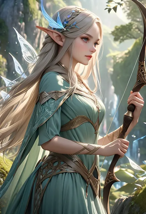 A stunningly realistic elf maiden, with intricate elven attire, drawing a finely detailed bow, surrounded by ethereal magical elements, set in a grand, lifelike fantasy world, UHD, retina, masterpiece, accurate, textured skin, super detail, high details, h...