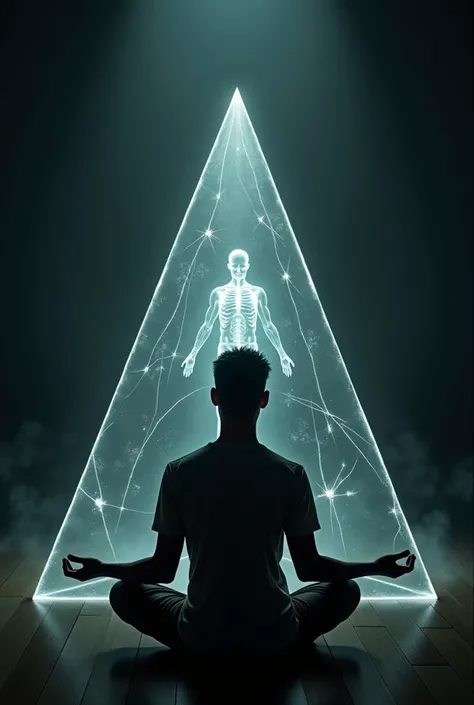 A man meditating on his infraconsciousness to discover the negative aspects of his personality, He leaves his body and enters a translucent black pyramid that forms in front of him and inside the pyramid he manages to see different mental screens of himsel...