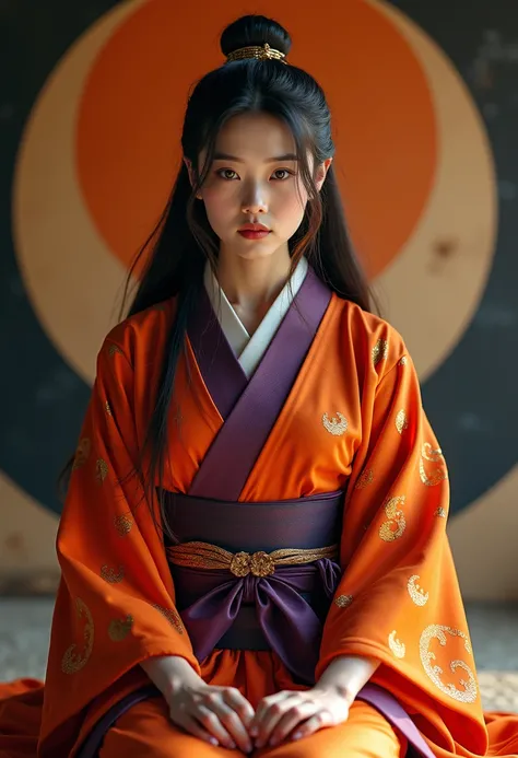 A modern samurai sits in a regal pose with a katana on her lap. Her bright orange and deep purple kimono is adorned with gold patterns evoking tradition, but her expression denotes a contemporary character, a fusion between classic elegance and the strengt...