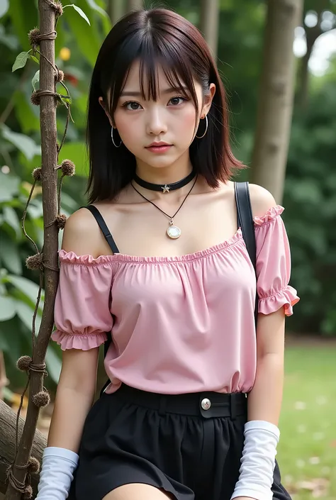  masterpiece,   top quality ,   1 girl,  full body ,  garden ,    pink cutter shirt ,   black miniskirt,    white high socks  ,   Bbo~ ,   dark eye makeup and lips entangled in tree vines ,  Cute Bags ,  crossbody bag、 neck necklace 、 short hair、 high scho...