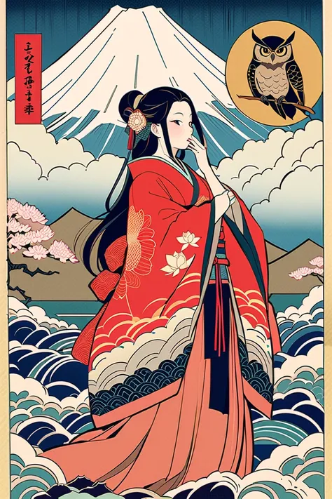  Ukiyo-e, Lotus flower、God、 Mount Fuji、 hides her mouth with her hands、The Japanese queen 、 geometric pattern 、heaven、Japanese tattoos、 beauty、 long hair, owl、