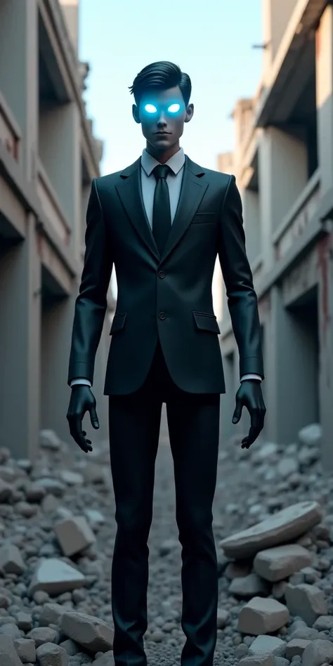 3d , Pixar , highly detailed standing against a destroyed building , wearing a black suit. glowings eyes blue.