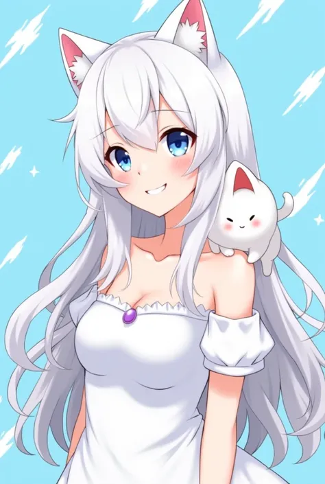 Generate an anime female version of the image with these details:

Catgirl theme: white cat ears, blue eyes, and wavy long white hair.

Softer features: More feminine face with a grin.

Small white cat companion: Present on the right shoulder. red eyes

Ou...