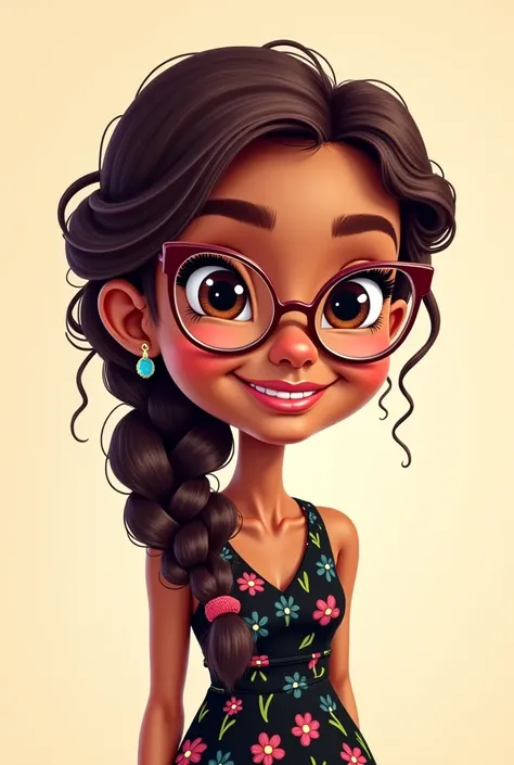 A vibrant, cartoon-style illustration of a girl, a warm and friendly friend with an average natural skin tone. She has expressive eyes behind a pair of stylish bronze-framed glasses, a genuine smile, and a playful long  open hairstyle—featuring either soft...