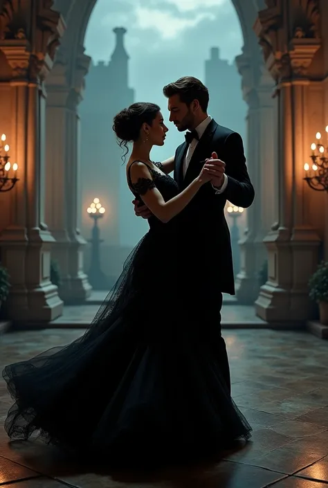  Couple in gothic dress, dancing with gothic background 