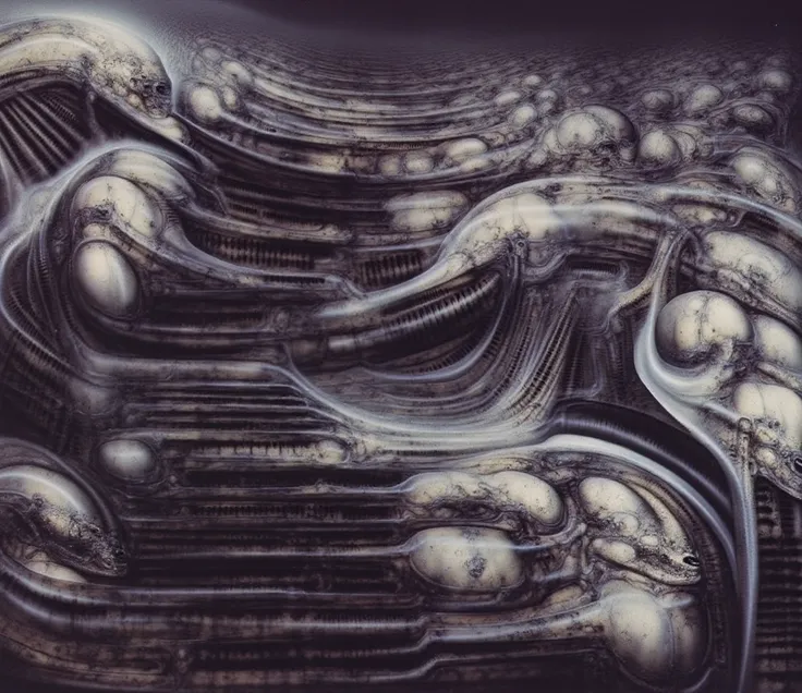 DARK BLACK COLORS. Giger_style, H. R. Giger's g1g3r, , Giger_style. Please reproduce the original image as accurately as possible, capturing the intricate details of the biomechanical structures, the dramatic lighting, and the overall sense of unease. Find...