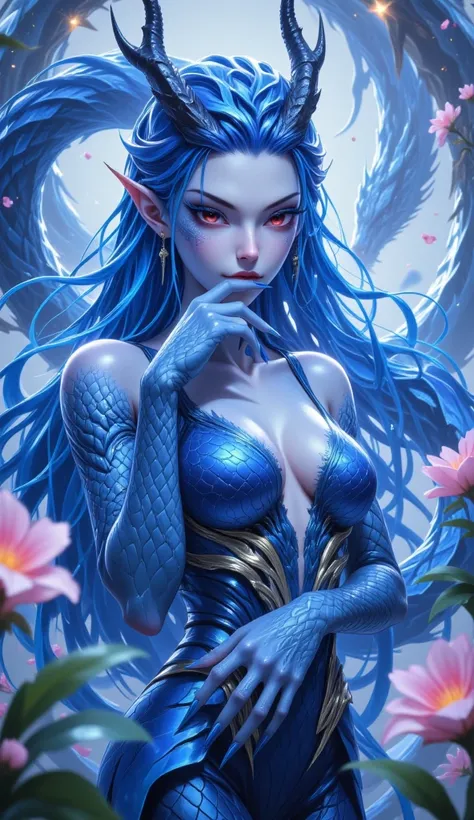 The image depicts a fantastical character with a striking blue color palette. The character has long, flowing blue hair adorned with intricate golden patterns, and her skin is also blue, with a scale-like texture. She has a pair of dark, curved horns on he...