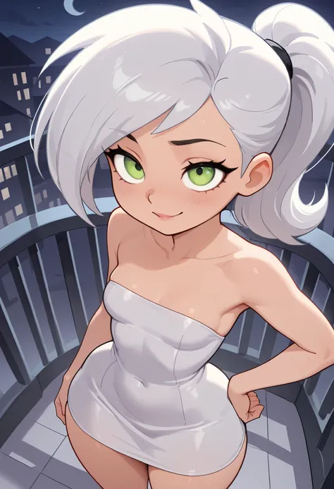 masterpiece,best quality,absurdres, (close-up:1.2), from above, 1girl, dani phantom, petite, small breasts, huge hips, ponytail, white hair, green eyes, hand on own hip, white tube dress, slight smile, (half-closed eyes:0.6), strapless dress, sleevless dre...