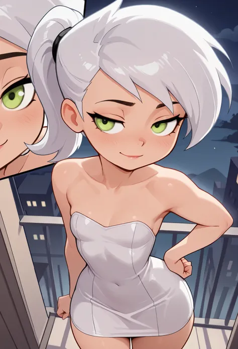 masterpiece,best quality,absurdres, (close-up:1.2), from above, 1girl, dani phantom, petite, small breasts, huge hips, ponytail, white hair, green eyes, hand on own hip, white tube dress, slight smile, (half-closed eyes:0.6), strapless dress, sleevless dre...