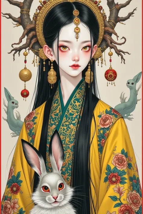  A painting of a woman in Chinese costume and a rabbit, A detailed painting inspired by Cheng Yanjun ,  is popular in the CG society , Aestheticism, Gu Weiss,  yanjun chengt , artwork in the style of Gu Weiss,  krenz cushart and wenjun lin , Gu Weiss maste...