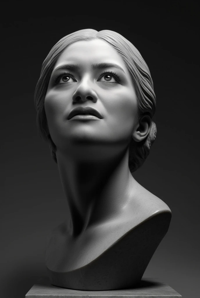 Black and white template of a female bust with her face slightly rotated to the left side and looking up of a Greek goddess style ancient marble statue with eyes in white, without eyelashes, Without eyebrows and with the face of Ellie the girl from the vid...