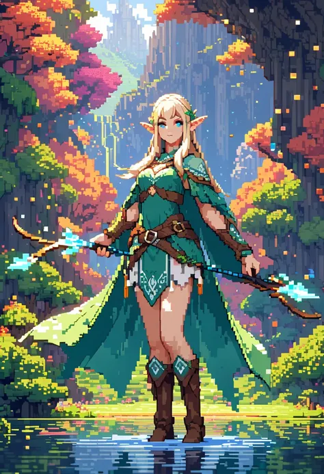 A pixelated, beautiful elf, wearing a detailed elven outfit, wielding a magical bow, casting spells with pixelated effects, in a grand and immersive pixel art landscape, UHD, retina, masterpiece, accurate, textured skin, super detail, high details, high qu...