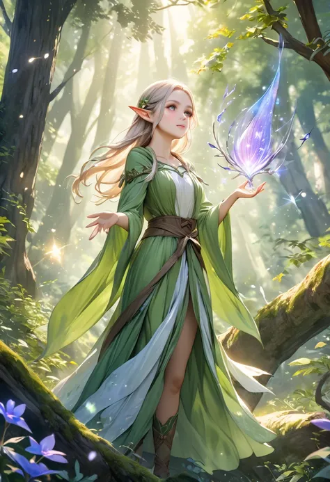 A delicate watercolor painting of a beautiful elf, gracefully casting spells, with a finely crafted bow, in a grand and enchanting magical forest scene, UHD, retina, masterpiece, accurate, textured skin, super detail, high details, high quality, highres, b...