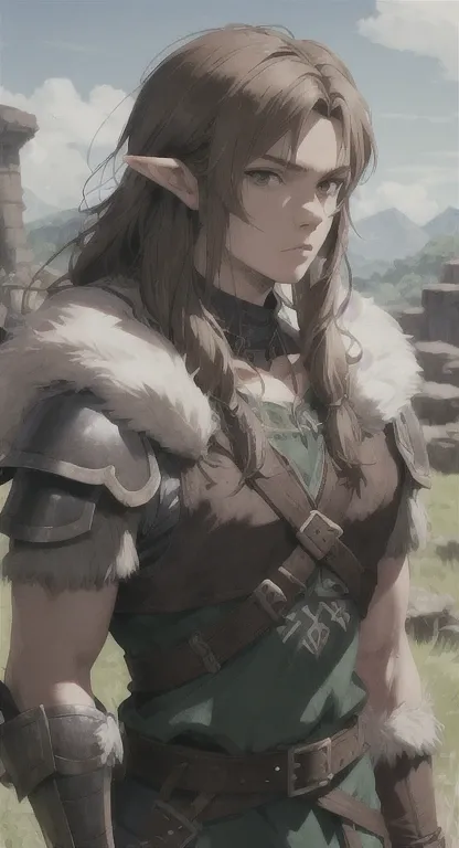 lost era, Prehistoric Hylian, warrior Prince, link, brown hair, looking at viewer, long messy hair, prehistoric Hyrule, lore accurate, prehistoric fur armor, prehistoric City,