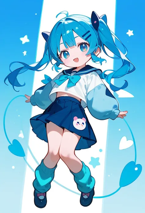  cute blue haired kawaii chibi style girl with twin tails, skirt and leg warmers 