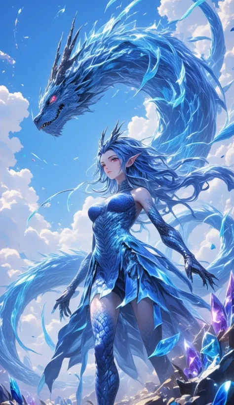 The image depicts a fantastical scene with a central female figure and a dragon. The female figure has long flowing blue hair and is adorned in a detailed blue dress with scales and patterns that suggest a connection to marine or aquatic life. She has poin...