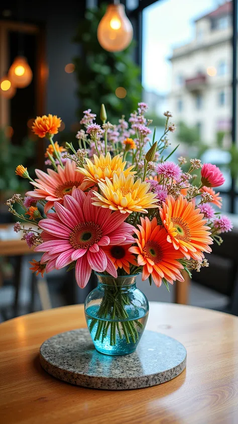 (((Glasswork bouquet)))、
 Too Sparkling Beautiful 、It's colorful and very colorful 、
 also has a neon-like luster、 Dazzling Beauty 、 Sheer beauty 、
(((A bouquet of flowers placed on a table on the open terrace of a cafe)))、