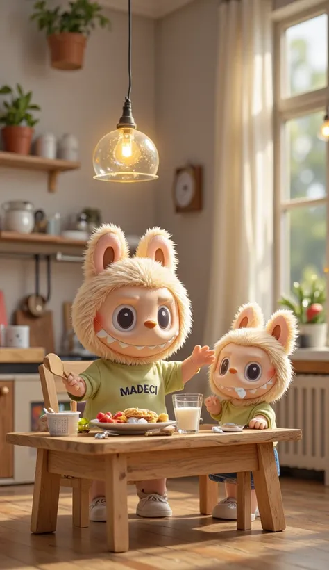 Labubu sits at a tiny wooden table, enjoying a healthy breakfast. He wears his signature "MADECI" T-shirt, which is slightly loose and comfy. A plate with toast, fresh fruit, and a glass of milk sits before him. He holds a spoon in one hand, happily eating...