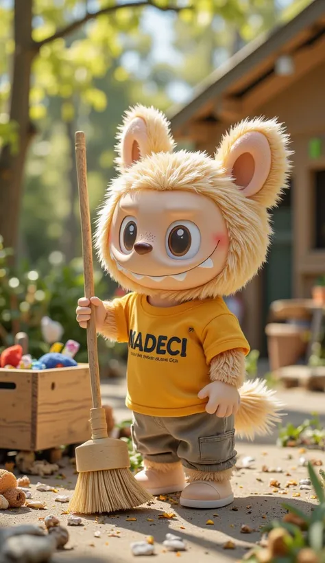 Labubu is outside, wearing his "MADECI" T-shirt while sweeping tiny leaves with a miniature broom. His face looks focused, and his little tail moves slightly as he works. Nearby, a small wooden box holds his neatly arranged toys. Sunlight filters through t...