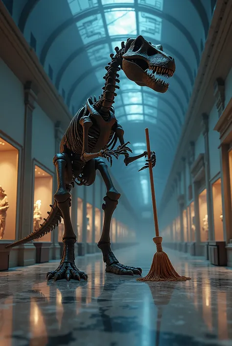 In the serene quiet of a nighttime museum, a towering dinosaur skeleton stands with a mop in hand, carefully wiping the floor. Display cases glow softly, highlighting the detailed artworks inside, while moonlight filters through large windows, casting an e...