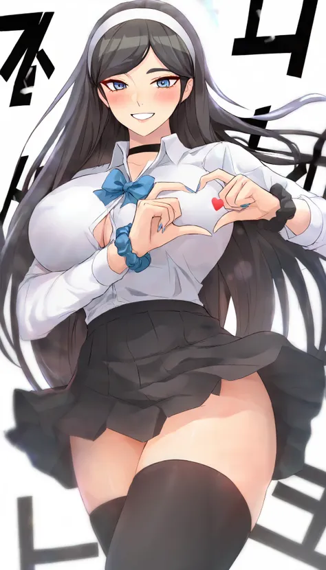 1girl, solo, kumashiro maya, black hair, parted bangs, hairband, long hair, breasts, looking at viewer, blush, smile, bangs, blue eyes, skirt, large breasts, simple background, shirt, long sleeves, white background, bow, ribbon, cleavage, very long hair, s...