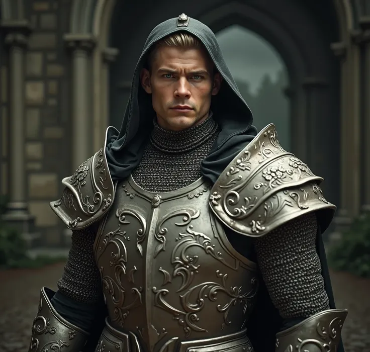 (( Masterpiece )), (( top quality:1.2)),  high resolution, 8 k, (ultra_ realistic:1.3), (photo realistic:1.4),  clear focus ,  very detailed,  incredibly attractive ,  muscular man , On it (( anatomical plate armor with chain mail ,  Lots of Details ,  The...