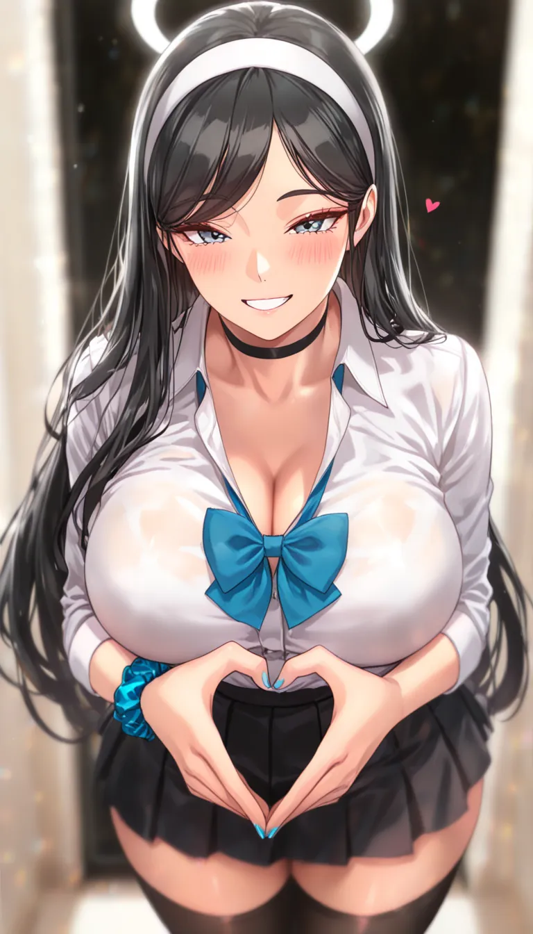 1girl, solo, kumashiro maya, black hair, parted bangs, hairband, long hair, breasts, looking at viewer, blush, smile, bangs, blue eyes, skirt, large breasts, simple background, shirt, long sleeves, white background, bow, ribbon, cleavage, very long hair, s...