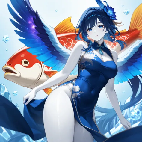 LONG FEATHER KITTEN、 Galaxy Wings、 high school girl  、   long dark blue hair、 eyes are blue like deep sea、 high image quality  、 Super Fine、、   white skin、 best thighs、 Genshin、 Chinese clothes、ice、carp