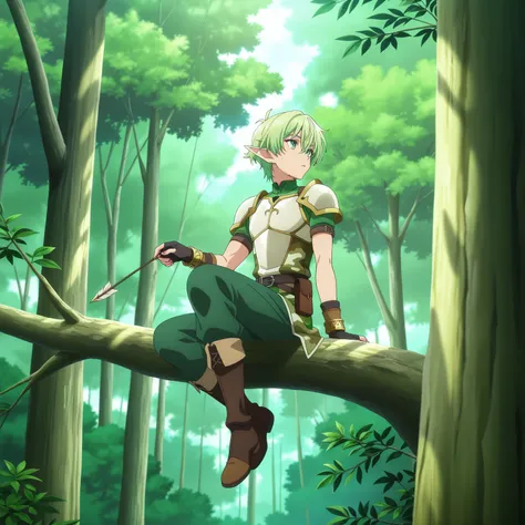 masterpiece, newest, absurdres, safe, anime screencap, 1boy, male focus, full body view, elf, short hair, green hair, slender body, light armor, bow and arrow, green eyes, observing, on top of a branch, camouflaged, forest, trees, nature, bracelet, fingerl...