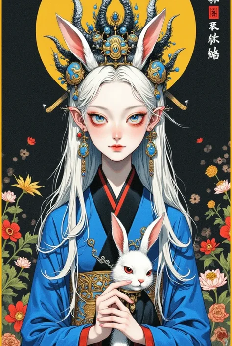 A painting of a woman in a kimono wearing a crown and a rabbit,  with loose hair，A detailed painting inspired by Cheng Yanjun ,  is popular in the CG society , Aestheticism, Gu Weiss,  yanjun chengt , artwork in the style of Gu Weiss,  krenz cushart and we...