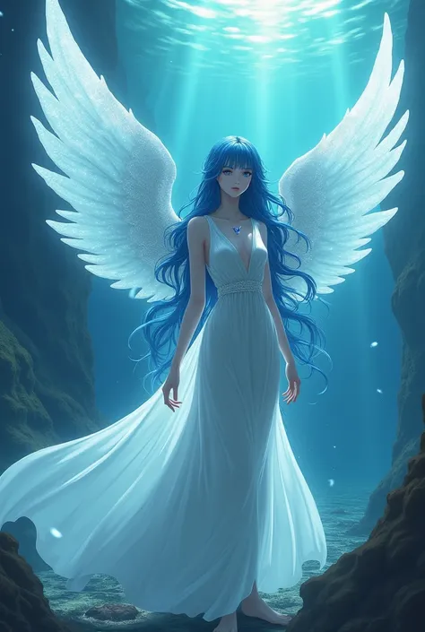 angel, Huge wings made of water,   female,  Woman, thin, indigo blue hair ,  light blue eyes,  white skin,  thin body, low,  long white dress ,  navy blue stone on the forehead,  extremely long hair,  in anime style , Loose hair, Crown of Queen Atlantis