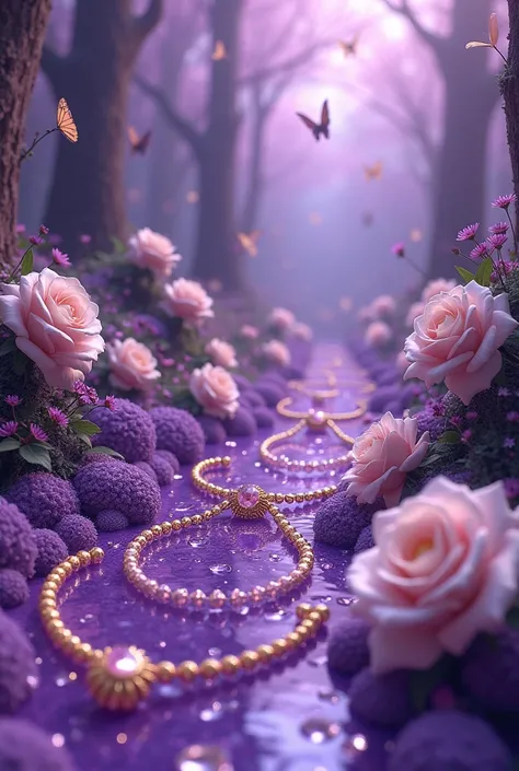 A purple world in all its shades contains jewelry such as necklaces, rings, gold earrings, large white roses and sweet fluffy butterflies 