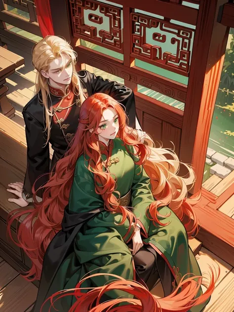   digital art ,1girl and 1man、((The man has long blond hair and golden eyes and is wearing a simple black coat in ancient Chinese style )), ((The woman has long wavy red hair and a crimson coat richly decorated with green eyes))、((The skin is not exposed))...