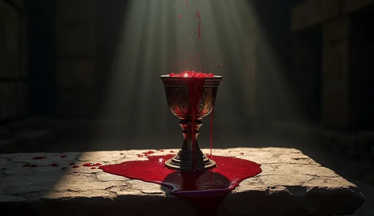  An ancient chalice rests on a stone table ,  while an intense red liquid overflows , symbolizing the blood of sacrifice .  Dramatic lighting highlights spiritual depth and the weight of redemption.