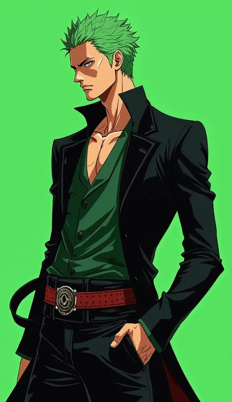 an acrylic portrait of Zoro from one piece with a green background,  the background has no detail , Just a single color , The portrait is a front profile of Zoro dressed in modern , predominantly black, which is in a 2D illustration, the portrait of Zoro h...