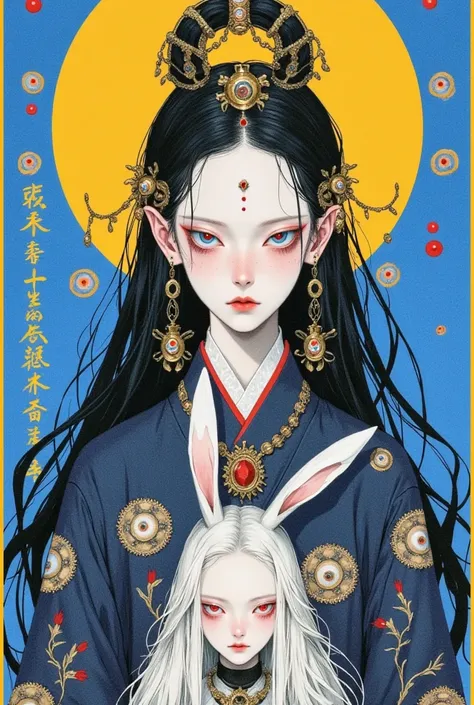 A painting of a woman in a kimono wearing a crown and a rabbit,  with loose hair，A detailed painting inspired by Cheng Yanjun ,  is popular in the CG society , Aestheticism, Gu Weiss,  yanjun chengt , artwork in the style of Gu Weiss,  krenz cushart and we...