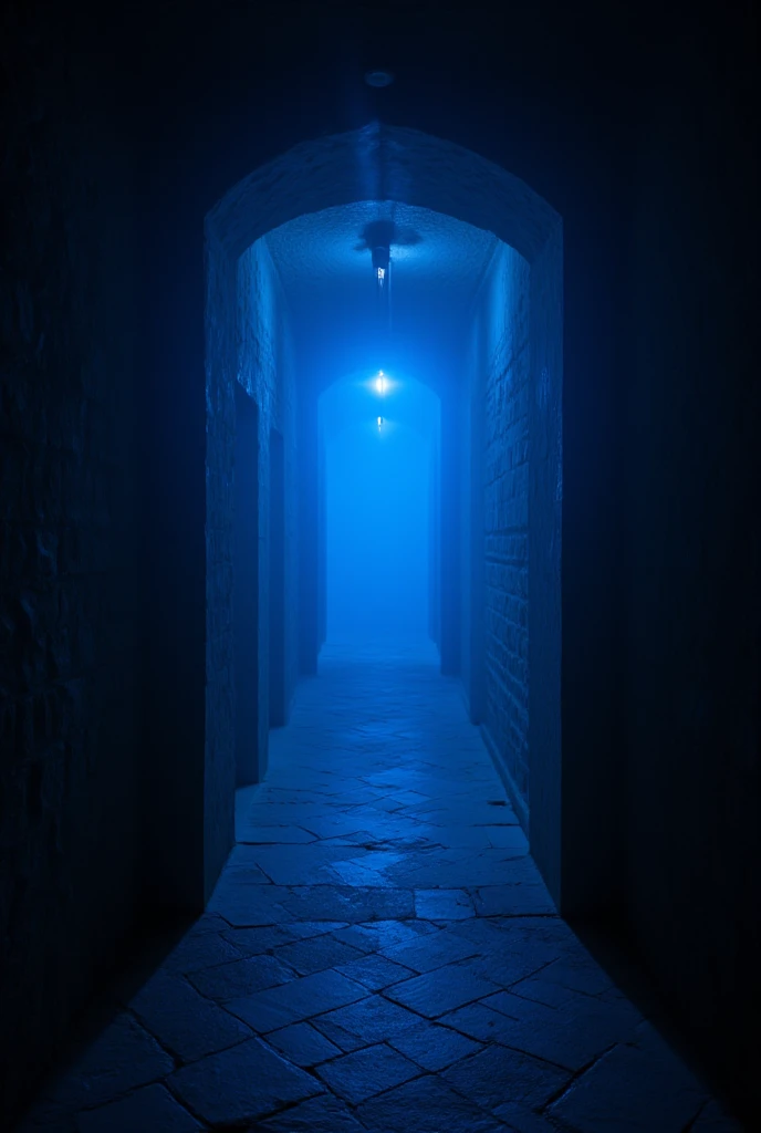 A dark hallway with a dark blue light. 