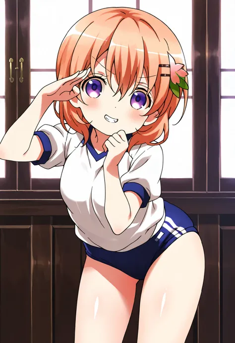 evil grin,cute pose ,1girl,solo, petite ,Plain school gym uniform, (deep blue buruma) ,cocoa hoto,very cute ,small breasts,Original style, Very high quality, soft to the touch, beautiful,super detailed skin, high resolution, novel illustration, shiny skin,...