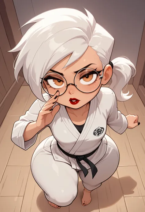 masterpiece,best quality,absurdres, (close-up:1.2), from above, 1girl, dani phantom, petite, small breasts, huge hips, ponytail, white hair, (half-closed eyes:0.6), looking at viewer, red lips, round glasses, karate gi, kicking, pose, thick thighs, barefoo...