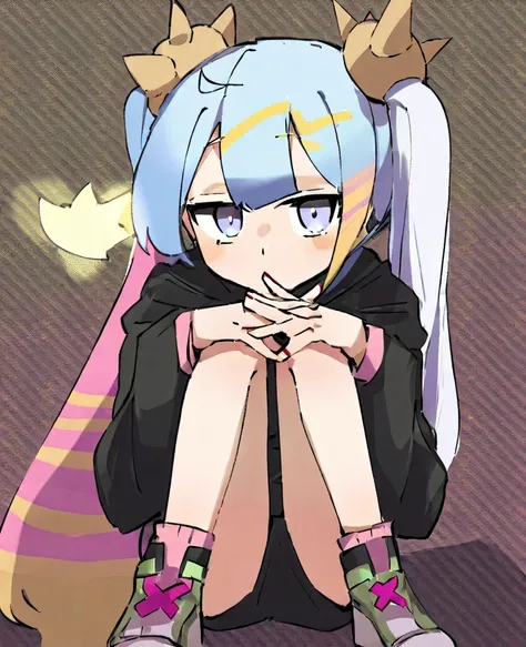  cute　 girl　 Silver Hair　 wearing a black hoodie that is 4 times the size of his head 　 spats　 and is wearing a hood　 light blue eyes　girl sitting　Place your hands on your knees