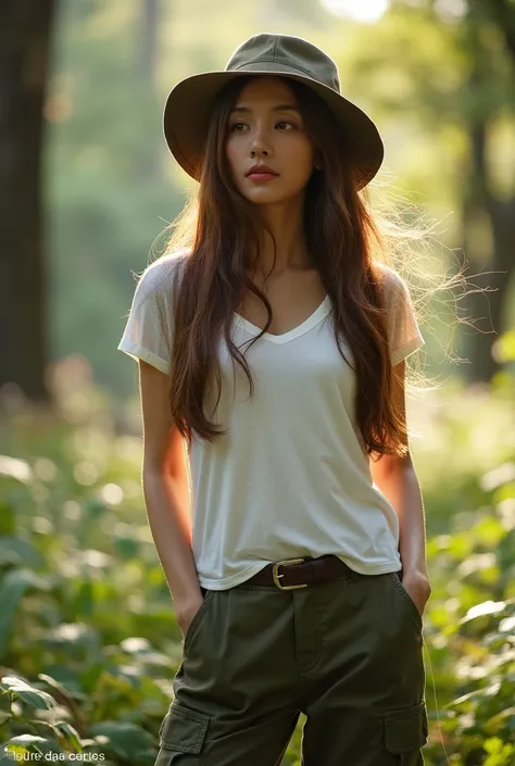 Beautiful woman with long hair wears bucket hat wears T-shirt and cargo pants 