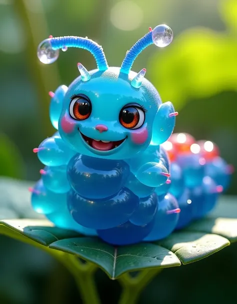 A blue caterpillar with big eyes and a wide smile on a leaf, the body of the caterpillar is made of fruit jelly jujube,