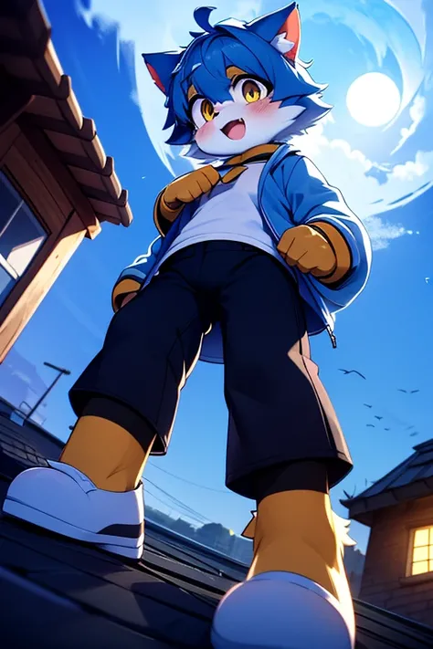 Cool cat, furry, male, anthropomorphic,  small breasts ,  ojos azules, messy hair size between lake and regular,  blue hair , body black color,  white breast,  Smile,  open mouth, Navy blue jacket with horizontal yellow stripes on the sleeves and small bla...