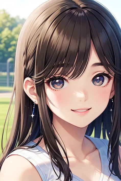 Takane Manaka, shiny brown long hair, beautiful brown eyes, smiling face, sparkling pupils, (fine grain), highly detailed eyes, highly detailed face, highly detailed eyes,, (masterpiece:1.2, best quality), 1 girl, cowboy shot,, 


cowboy shot,


white spor...