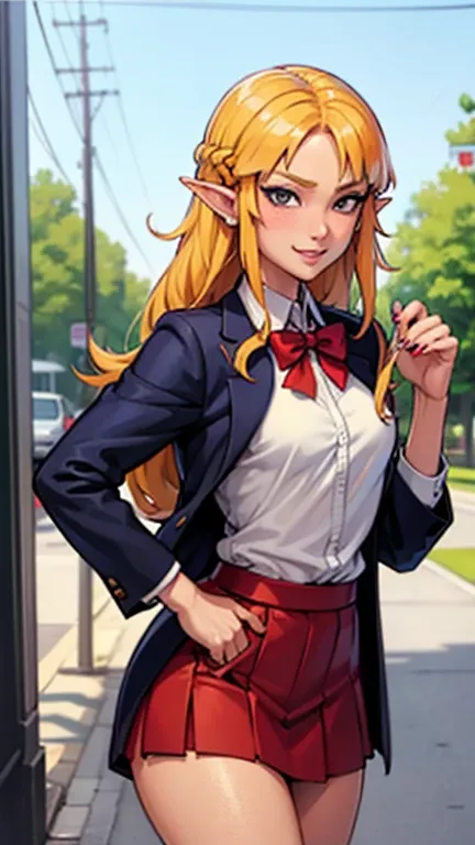 Zelda, sexy, dressed as a sexy anime high school student wearing a small skirt