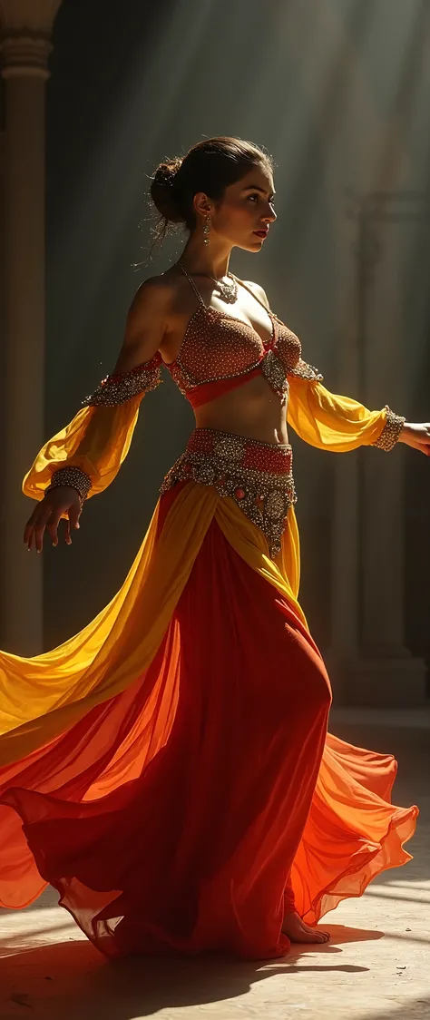 Une image réaliste d'une belle femme arabe  portant un costume de danse du ventre rouge et jaune avec des accessoires de danse et ces pieds nus et fond obscure