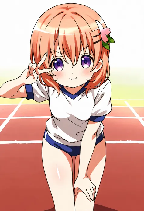 v-shaped eyebrows ,smiling, cute pose, girl pose ,1girl,solo, petite ,Plain school gym uniform, (deep blue buruma) ,cocoa hoto,very cute ,small breasts,Original style, Very high quality, soft to the touch, beautiful,super detailed skin, high resolution, no...