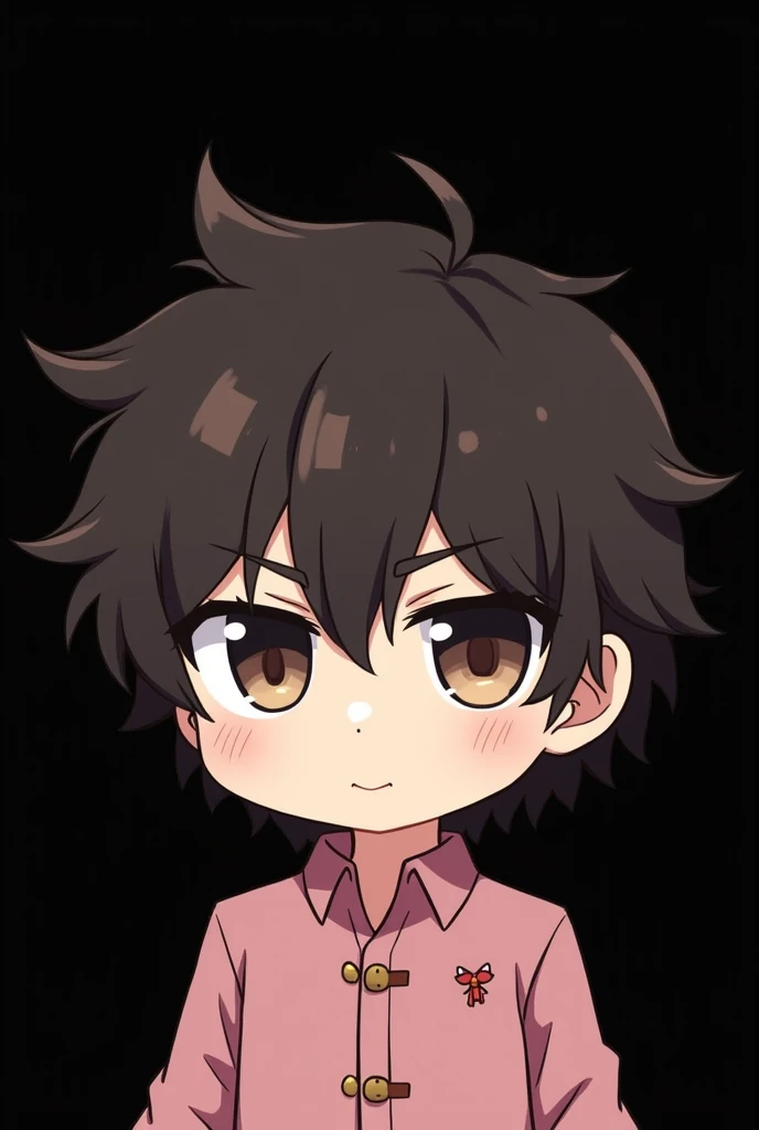  A male chibi character with dark brown hair , almost black, in a slightly messy style .  Your eyes are large and expressive ,  but this time they convey a serious and determined expression.  He wears a cute outfit in the color pink ,  composed of a shirt ...